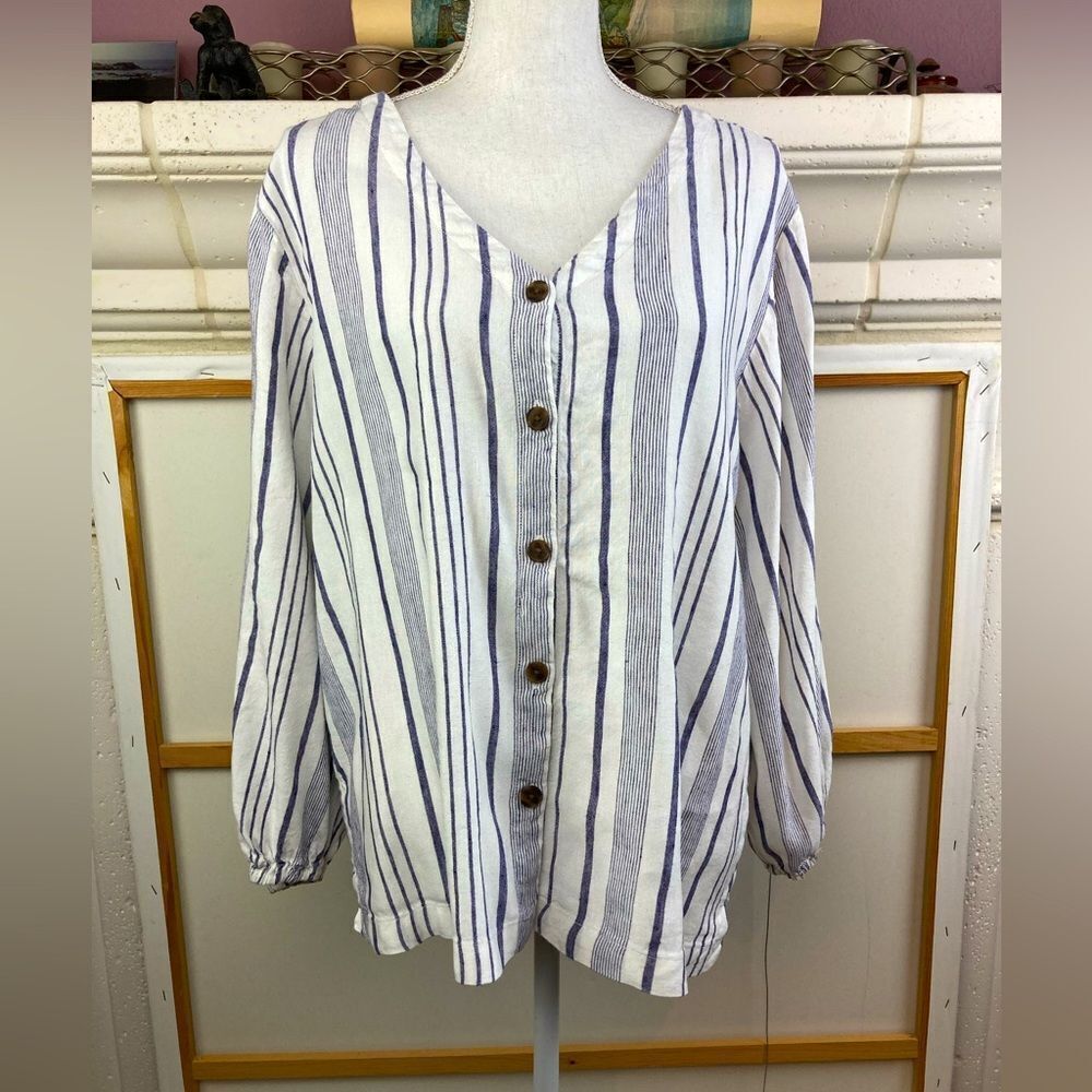Loft Blue and white airy linen blend striped Button-Up tunic w/ side vents